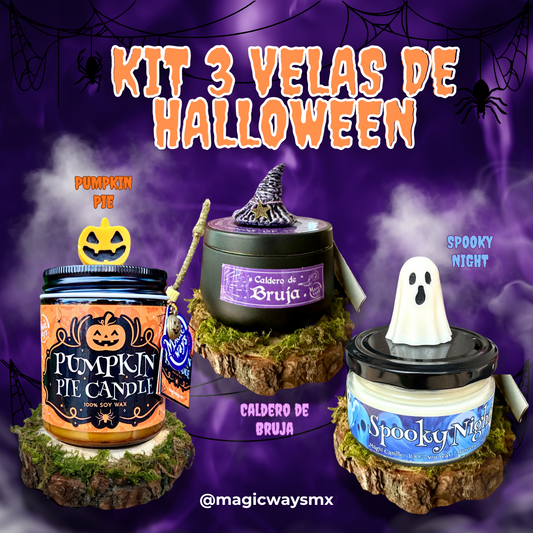 Set de 3 Velas para Halloween: Caldero de Bruja, Pumpkin Pie y Spooky Night