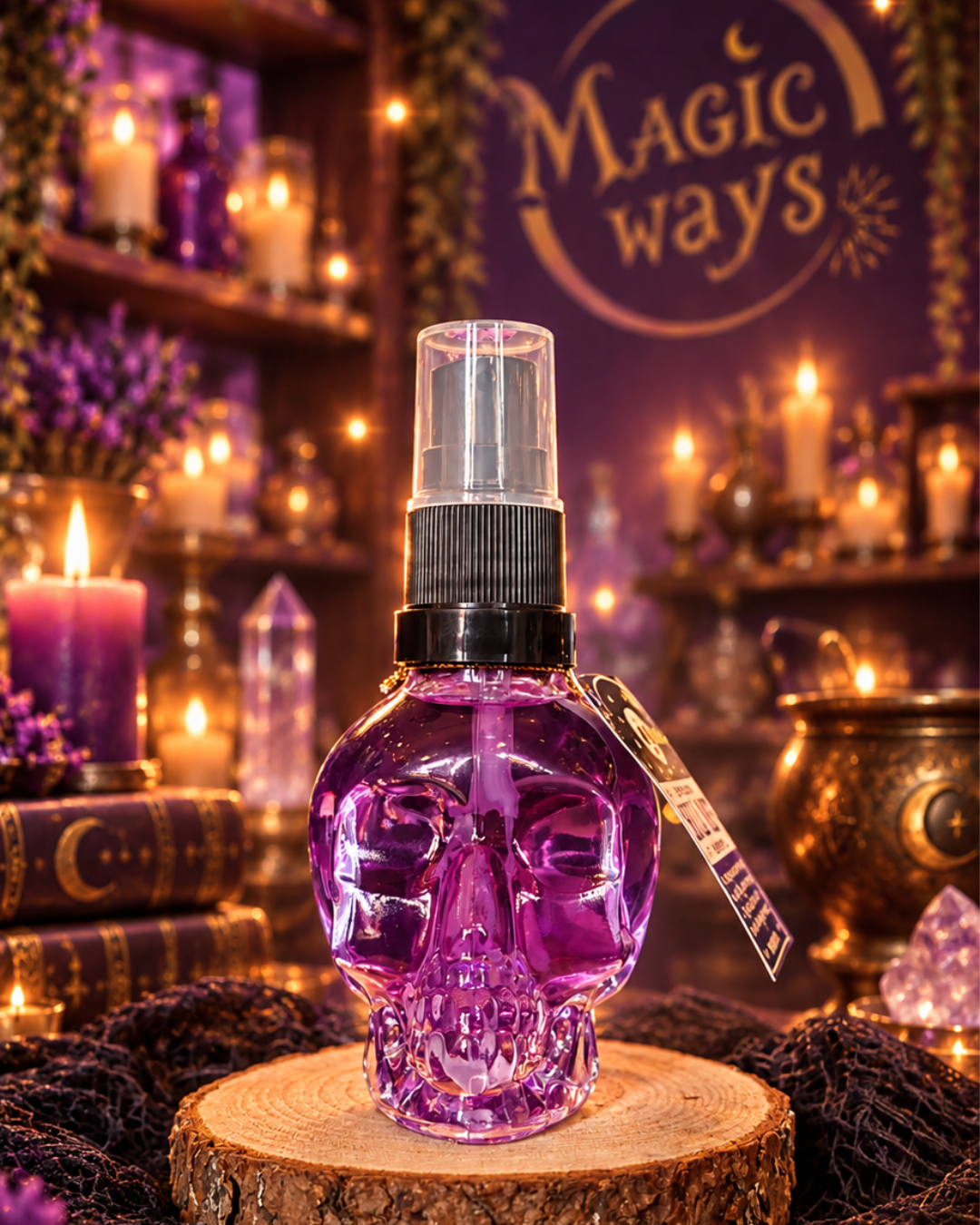 Skull Mist Magic Ways con amatista, frasco de calavera en vista frontal