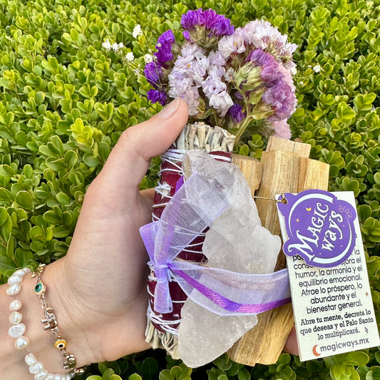 KIT de Sahumerios con Salvia, Palo Santo y Cuarzo Cristal