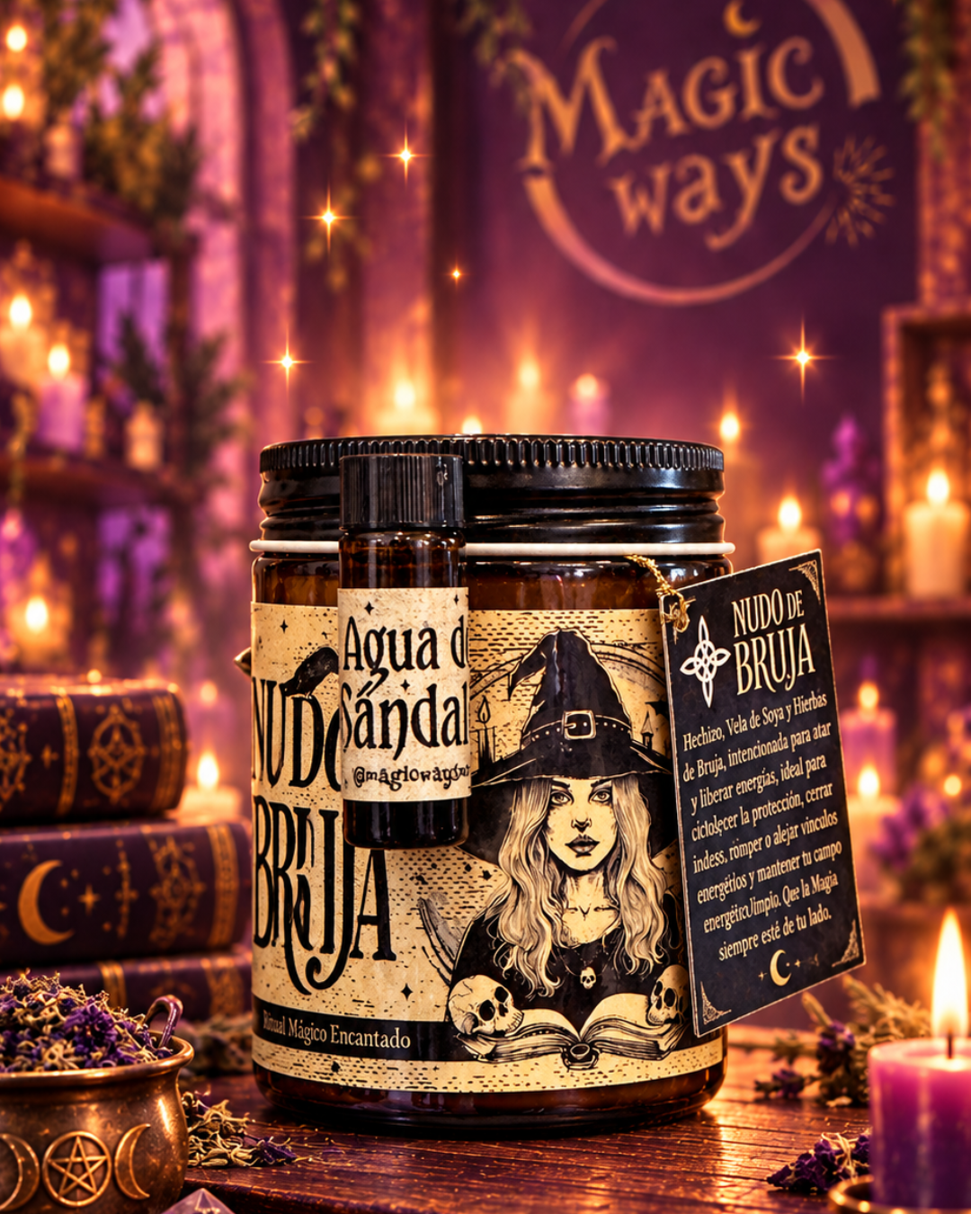 Vela Nudo de Bruja Magic Ways con Agua de Sándalo