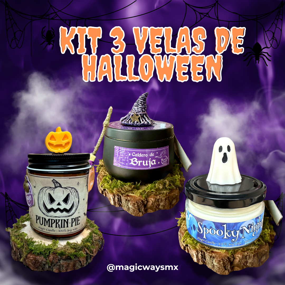 Set de 3 Velas para Halloween: Caldero de Bruja, Pumpkin Pie y Día de Muertos