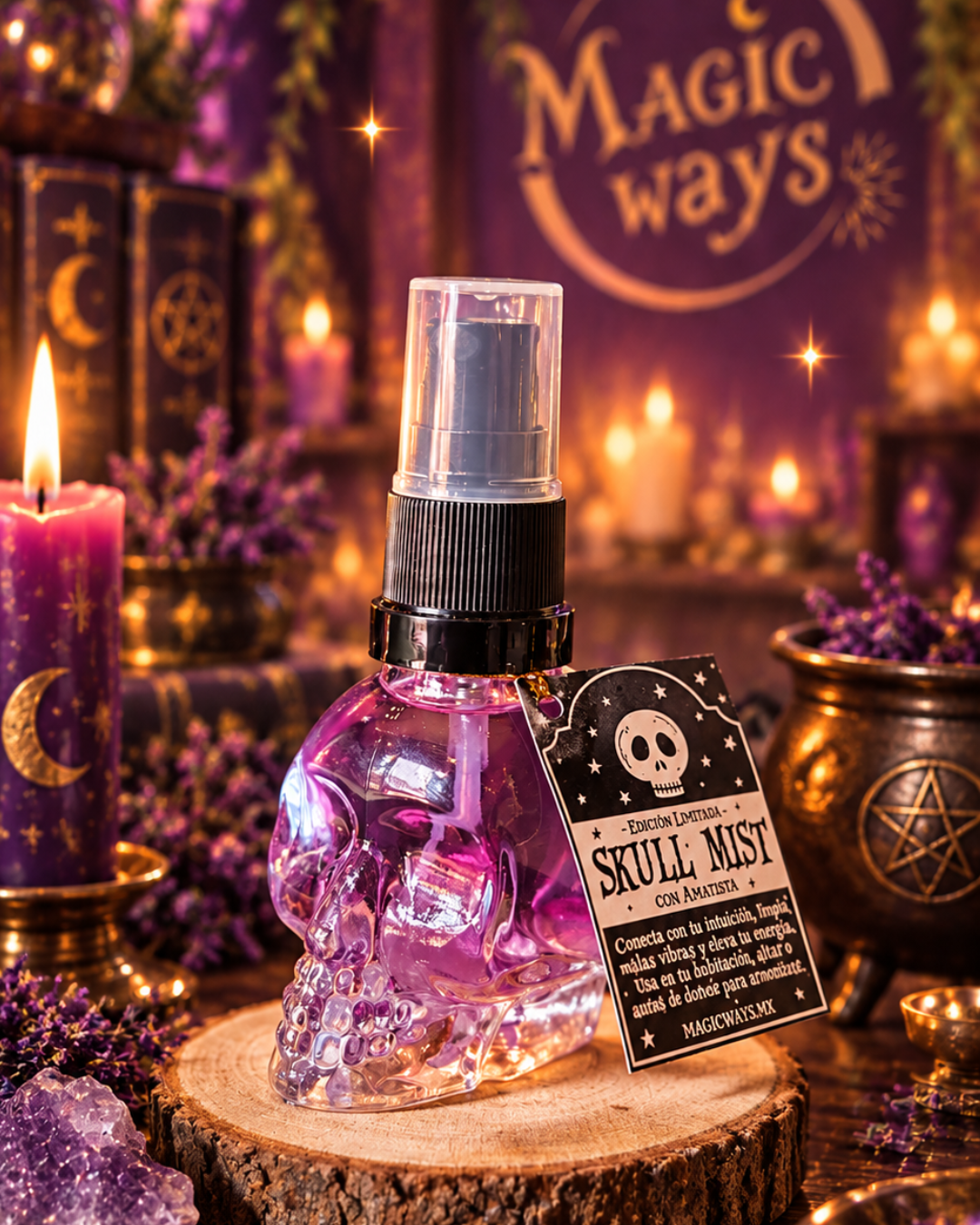 Skull Mist Magic Ways con amatista, frasco de calavera con etiqueta